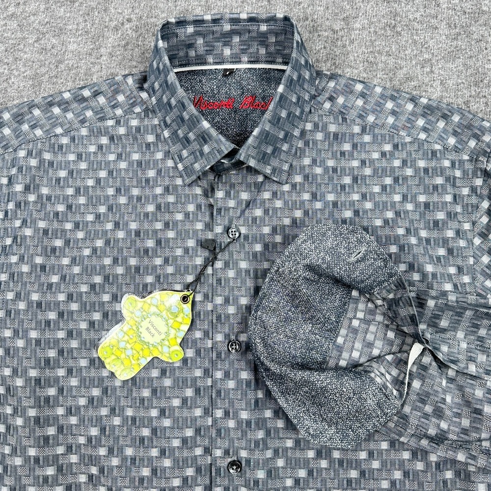 Visconti Black‎ Shirt Mens Small Gray Geometric Flip Cuff Long Sleeve Button Up